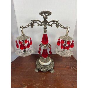 Vintage Ornate Justice Scale With Red Crystal Accents & Glass Dishes